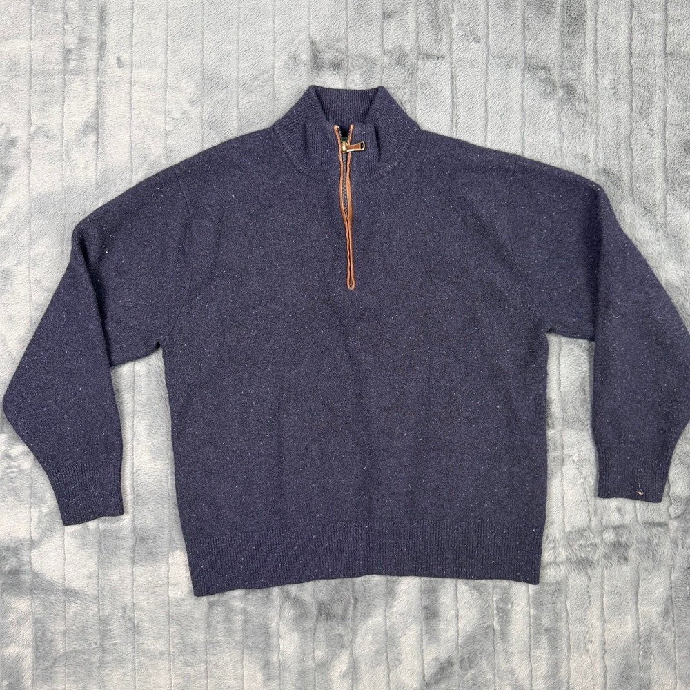 Orvis Mens XL Quarter Zip Wool Sweater Navy Blue Speckled Tweed Suede Trim